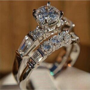 Women's Engagement Wedding Ring Two-Piece Set, 4.4 Gram Silvery Inlaid with